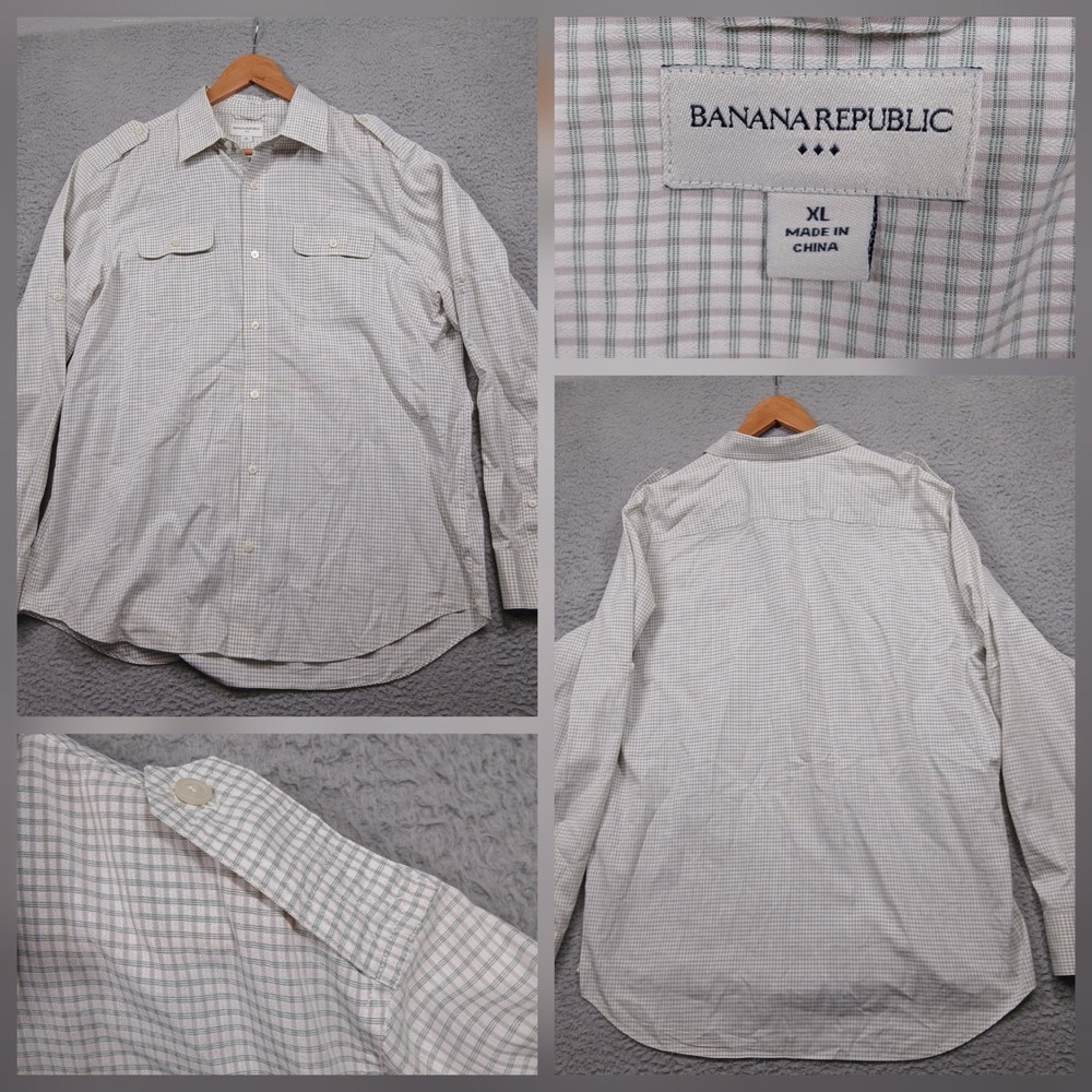 Banana Republic‎ Check Shirt Men's XL Beige Green Plaid Long Sleeve Cotton